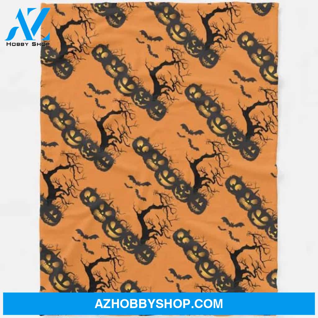 Pumpkin Tree And Bats Halloween Fleece Blanket Funny Halloween Gift, Halloween Decor