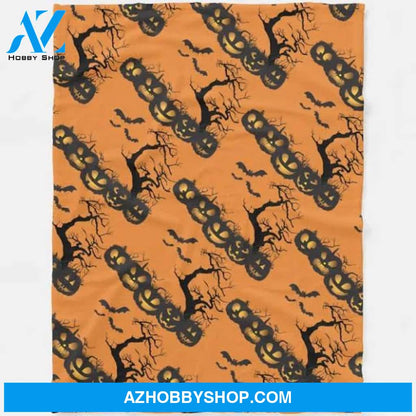 Pumpkin Tree And Bats Halloween Fleece Blanket Funny Halloween Gift, Halloween Decor