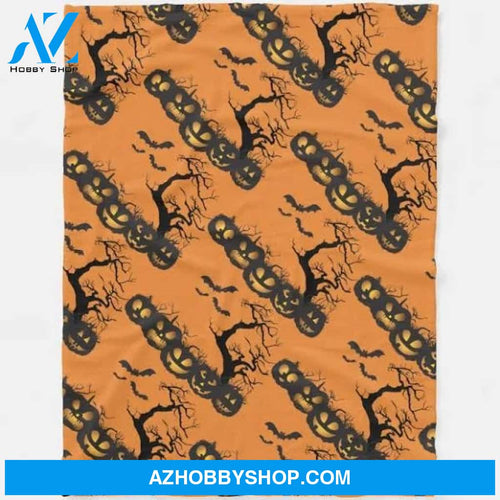 Pumpkin Tree And Bats Halloween Fleece Blanket Funny Halloween Gift, Halloween Decor