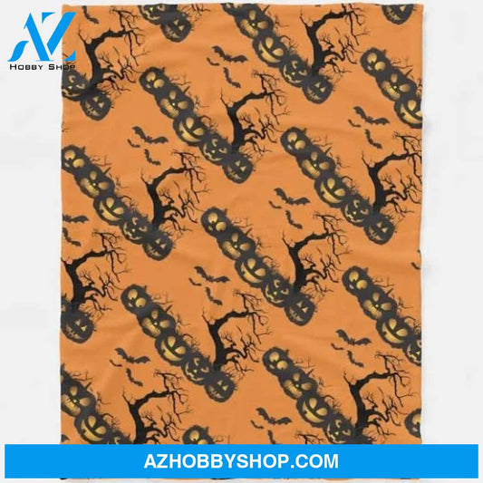 Pumpkin Tree And Bats Halloween Fleece Blanket Funny Halloween Gift, Halloween Decor