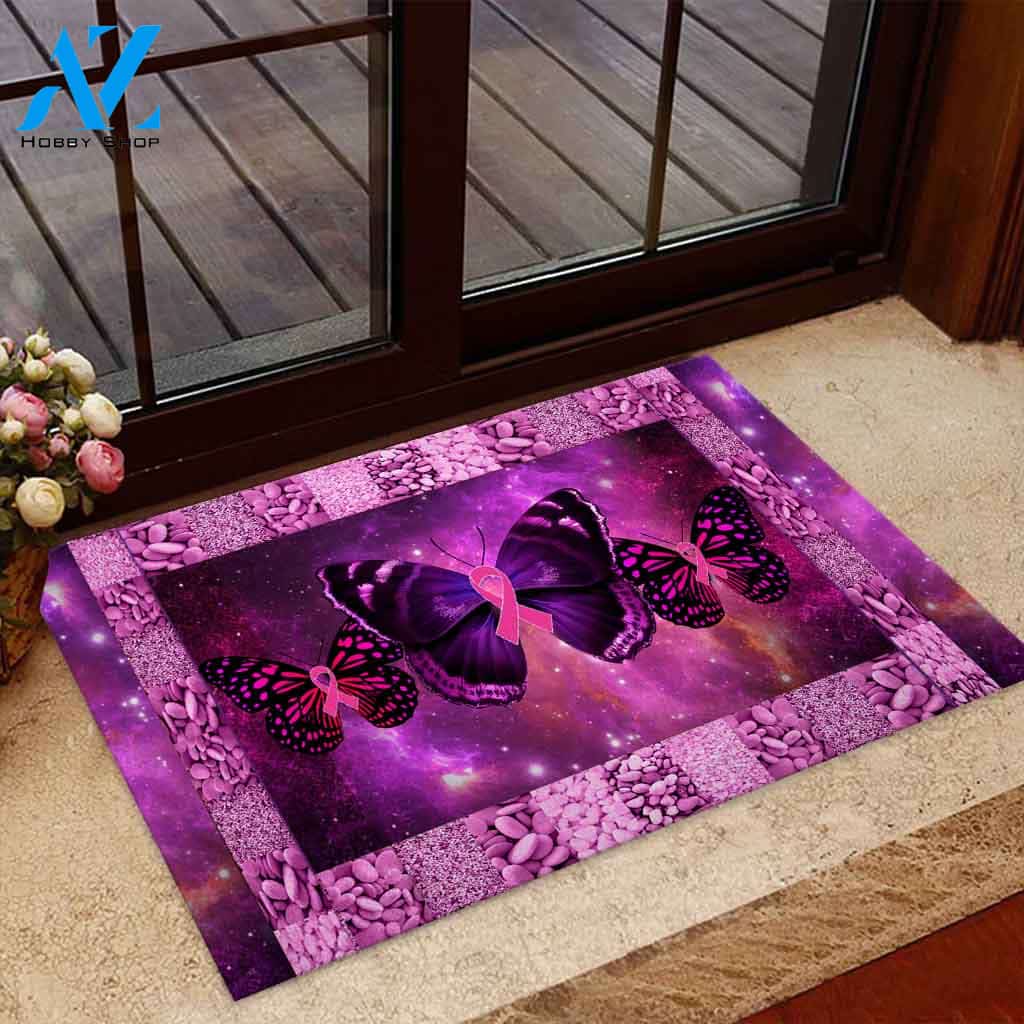 Personalized Name Family House Purple Butterfly Breast Cancer Awareness Indoor And Outdoor Doormat Gift For Friend & Family Home Decor Warm House Gift Welcome Mat