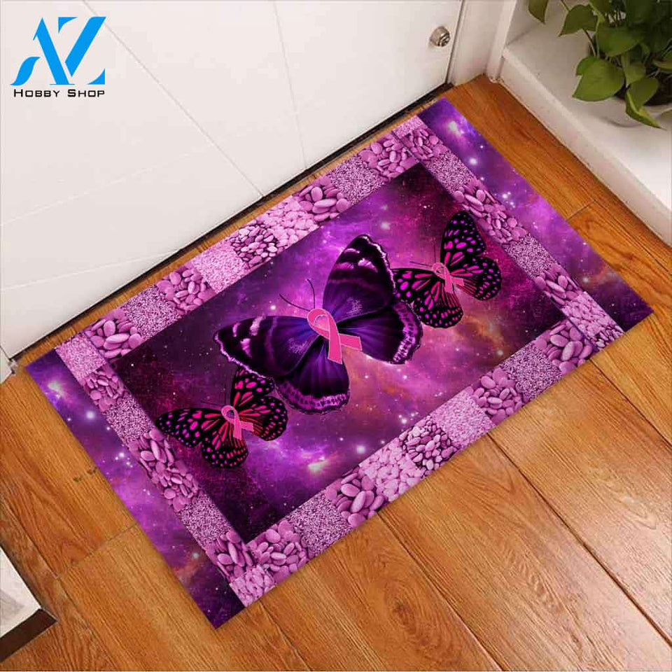 Personalized Name Family House Purple Butterfly Breast Cancer Awareness Indoor And Outdoor Doormat Gift For Friend & Family Home Decor Warm House Gift Welcome Mat