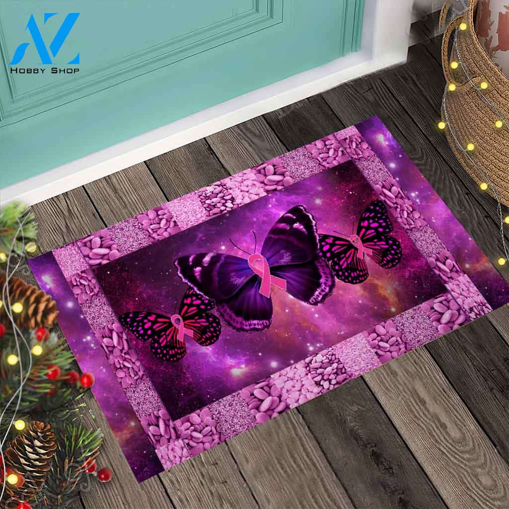 Personalized Name Family House Purple Butterfly Breast Cancer Awareness Indoor And Outdoor Doormat Gift For Friend & Family Home Decor Warm House Gift Welcome Mat