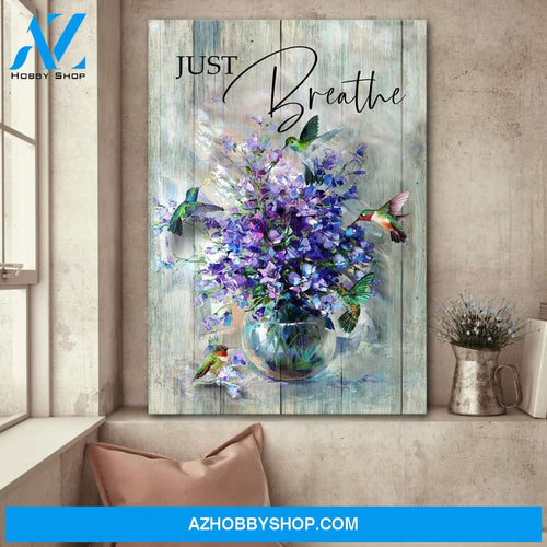 Purple flower and hummingbird - Just breathe - Jesus Portrait Canvas Prints - Wall Art