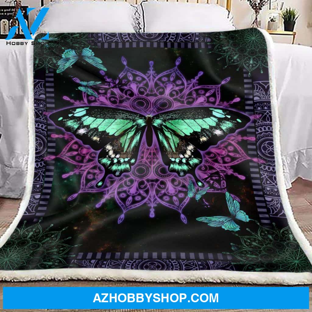Purple Mandala Butterfly Fleece Blanket
