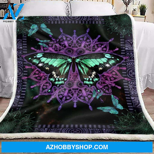 Purple Mandala Butterfly Fleece Blanket