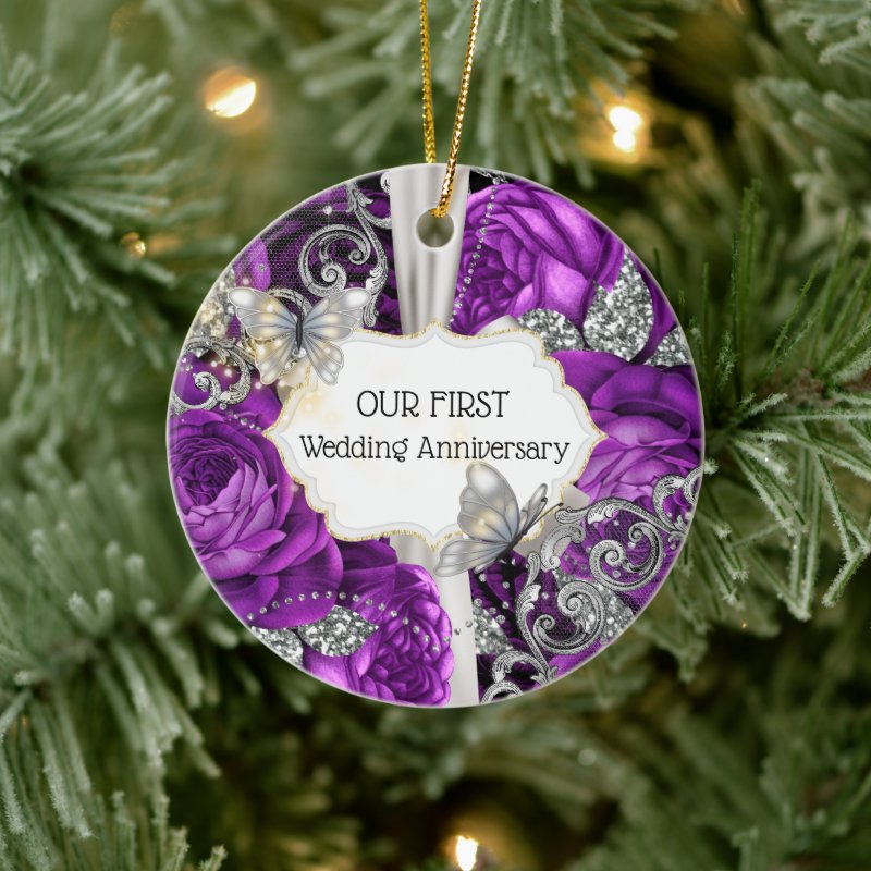 Purple Silver Rose Butterfly Photo Anniversary Ceramic Ornament