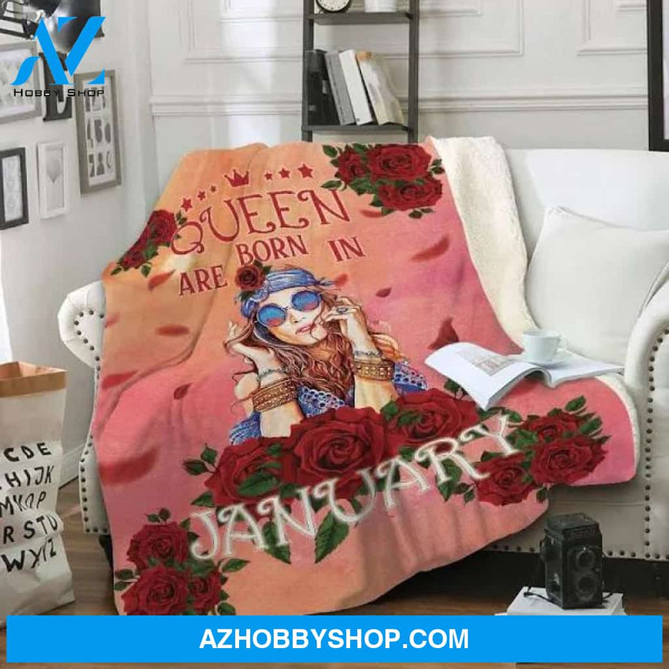 Queen Are Born In January Hippie Rose Fleece Blanket Home Decor Bedding Couch Sofa Soft and Comfy Cozy Gift For Friend Family Birthday Gift