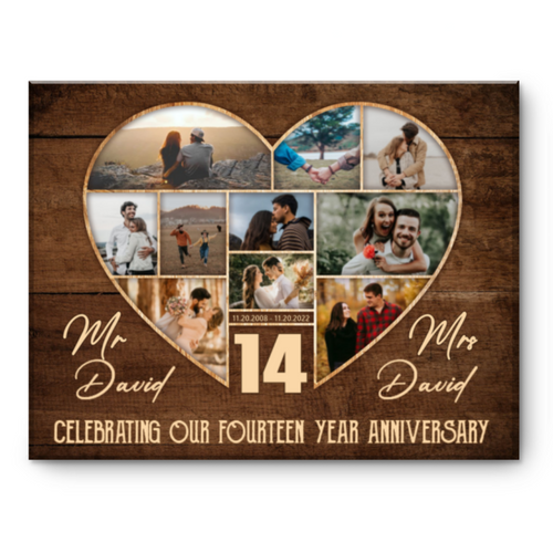 14th Wedding Anniversary Present, Gift For 14th Anniversary, Heart Shape Photo Collage