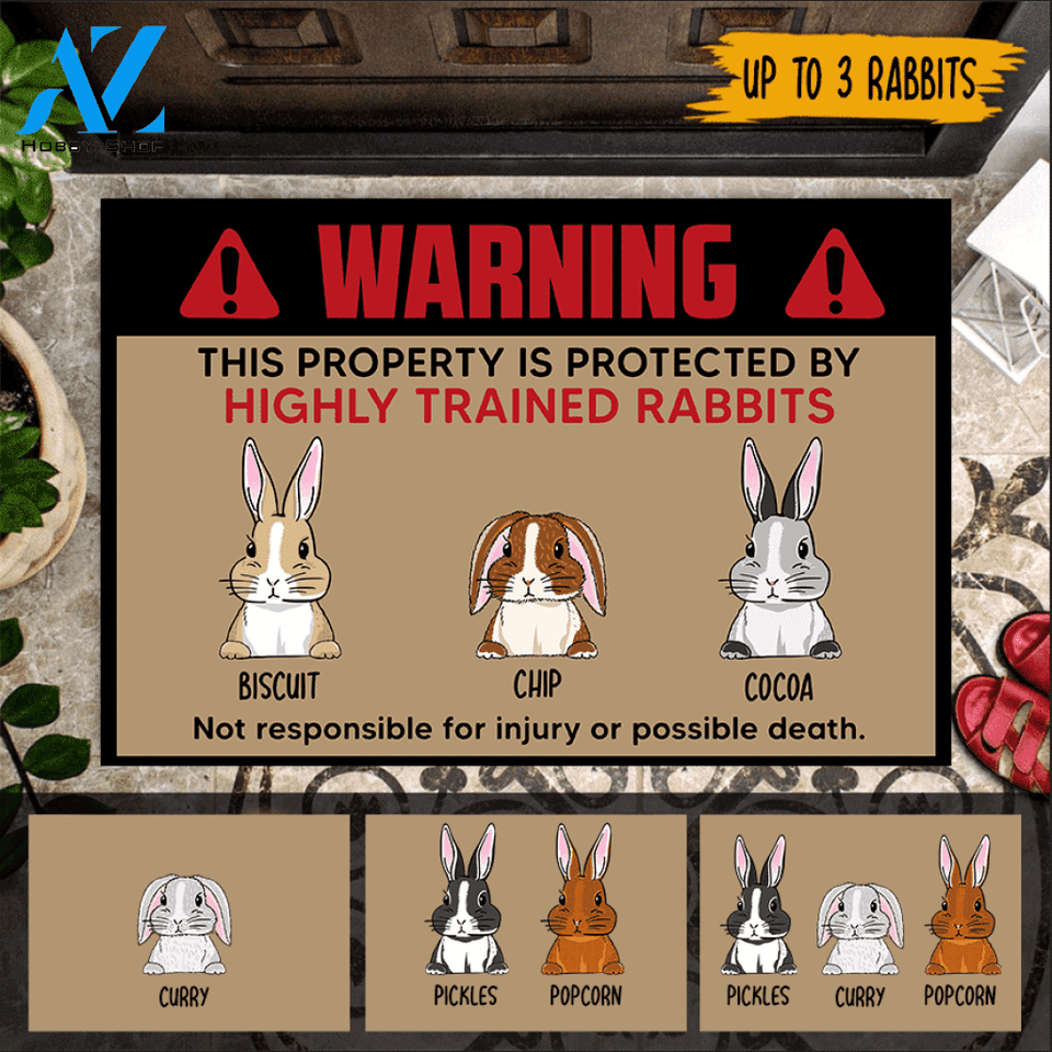 Rabbit Custom Doormat Warning This Property Is Protected By Highly Trained Rabbits Personalized Gift | WELCOME MAT | HOUSE WARMING GIFT