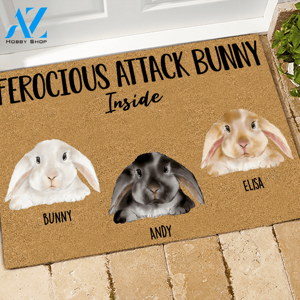 Rabbit Doormat Personalized Name and Color Ferocious Attack Bunny Inside | WELCOME MAT | HOUSE WARMING GIFT