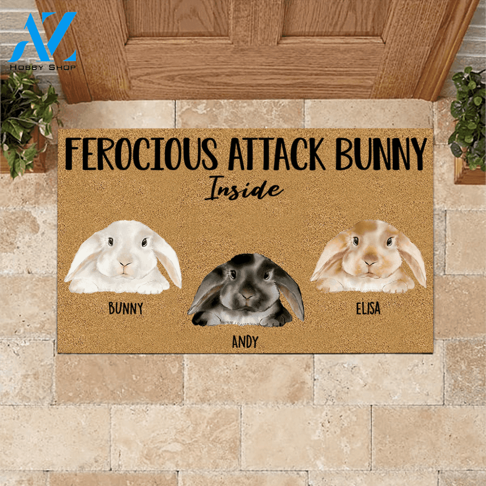 Rabbit Doormat Personalized Name and Color Ferocious Attack Bunny Inside | WELCOME MAT | HOUSE WARMING GIFT