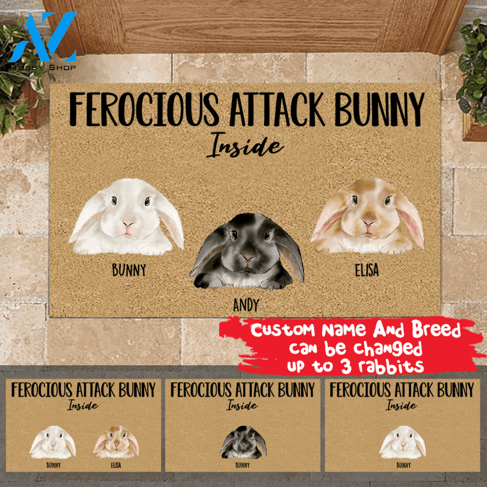 Rabbit Doormat Personalized Name and Color Ferocious Attack Bunny Inside | WELCOME MAT | HOUSE WARMING GIFT