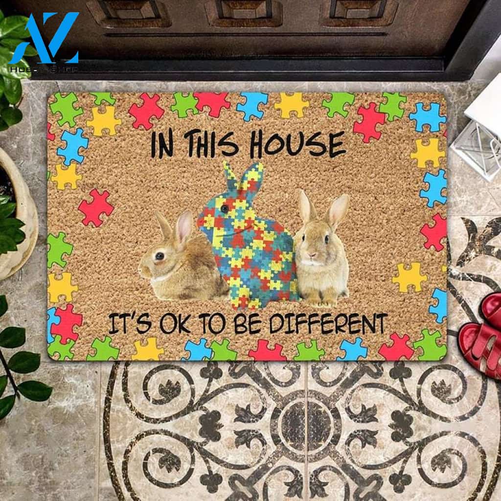 Rabbit Autism Awareness - In This House It's Ok To Be Different Doormat Housewarming Gift Home Living Home Decor Funny Doormat Gift Idea