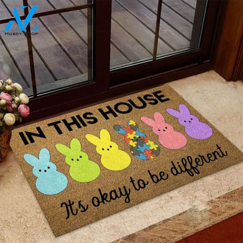 Rabbit Autism Awareness - In This House It's Okay To be Different Funny Doormat Welcome Mat House Warming Gift Home Decor Gift for Rabbit Lovers Funny Doormat Gift Idea