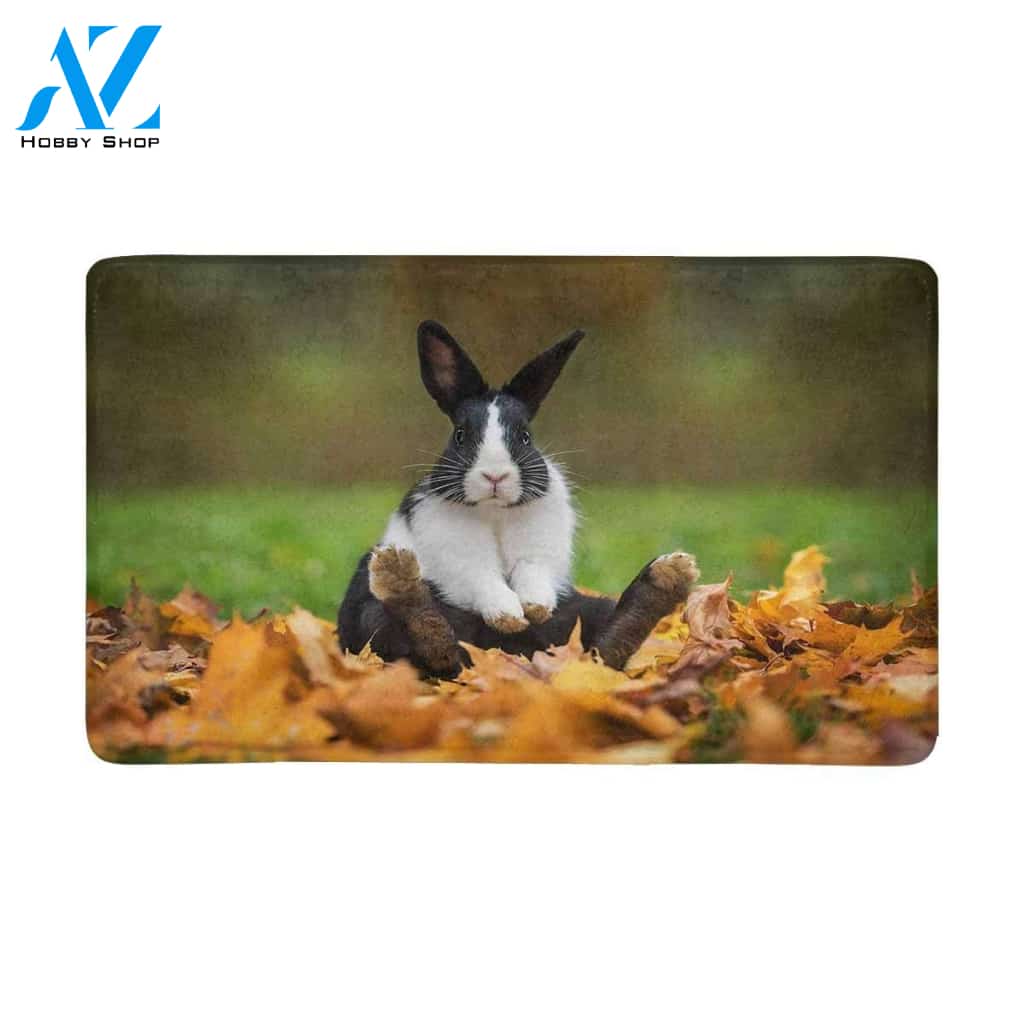 Rabbit Sitting In Leaves In Autumn Funny Animal Doormat Welcome Mat House Warming Gift Home Decor Funny Doormat Gift Idea