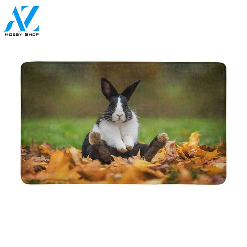 Rabbit Sitting In Leaves In Autumn Funny Animal Doormat Welcome Mat House Warming Gift Home Decor Funny Doormat Gift Idea