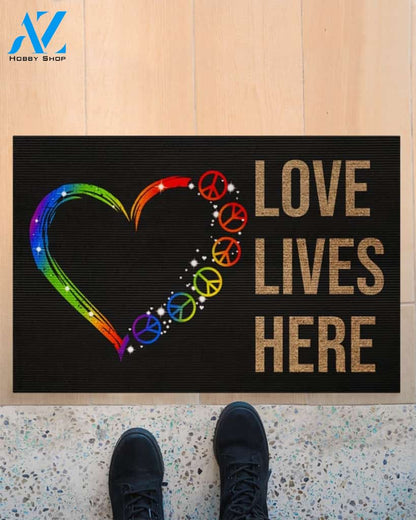 Rainbow Heart - Peace - Love Lives Here Indoor And Outdoor Doormat Warm House Gift Welcome Mat Birthday Gift For Hippie Lovers