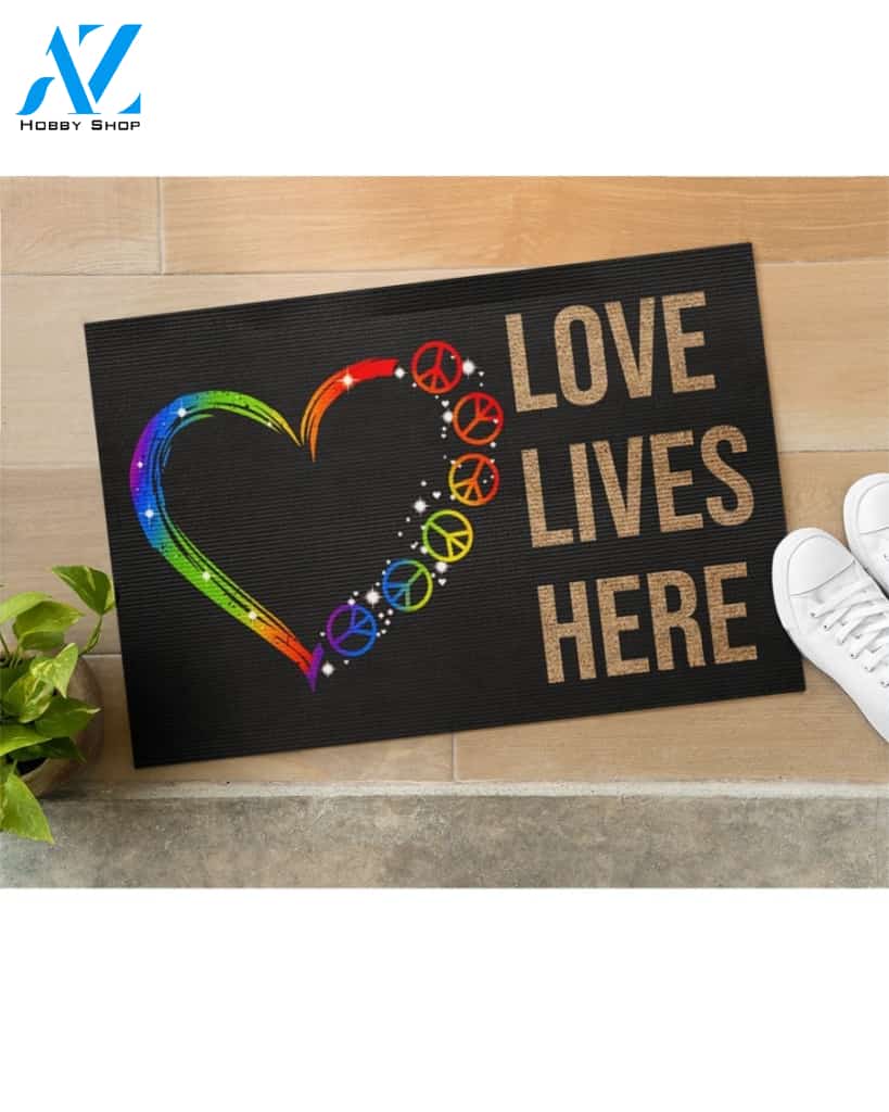 Rainbow Heart - Peace - Love Lives Here Indoor And Outdoor Doormat Warm House Gift Welcome Mat Birthday Gift For Hippie Lovers