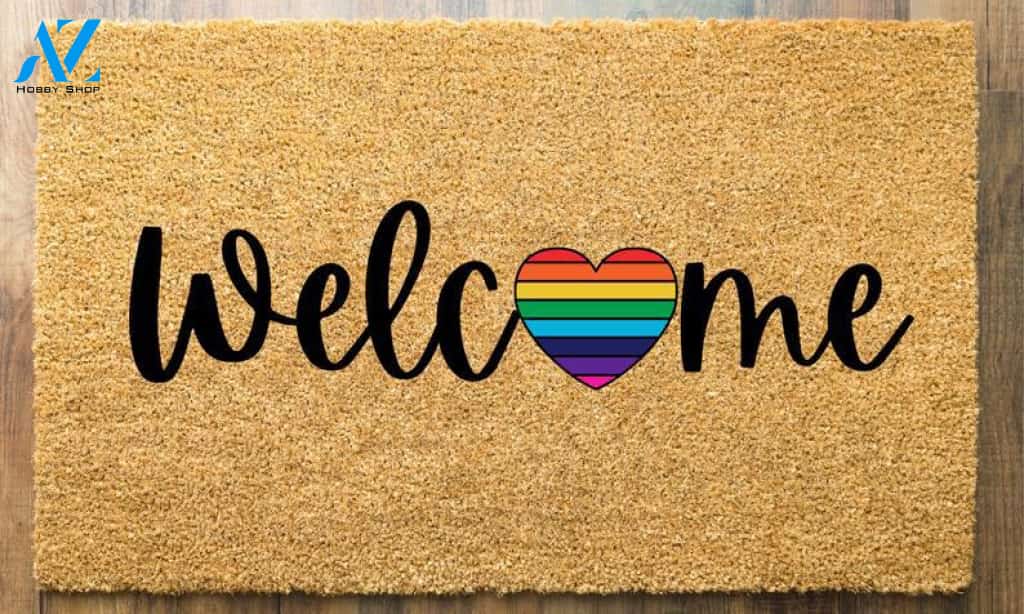 Rainbow heart welcome doormat, LGBT home decor, custom welcome mat, lesbian gift, gay gift idea