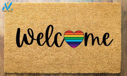 Rainbow heart welcome doormat, LGBT home decor, custom welcome mat, lesbian gift, gay gift idea