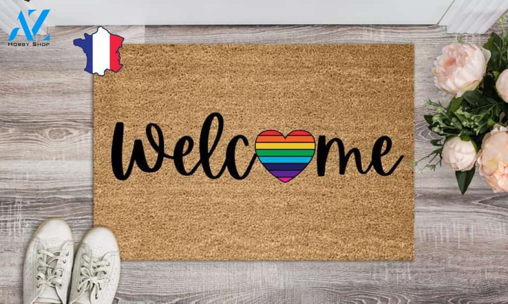 Rainbow heart welcome doormat, LGBT home decor, custom welcome mat, lesbian gift, gay gift idea