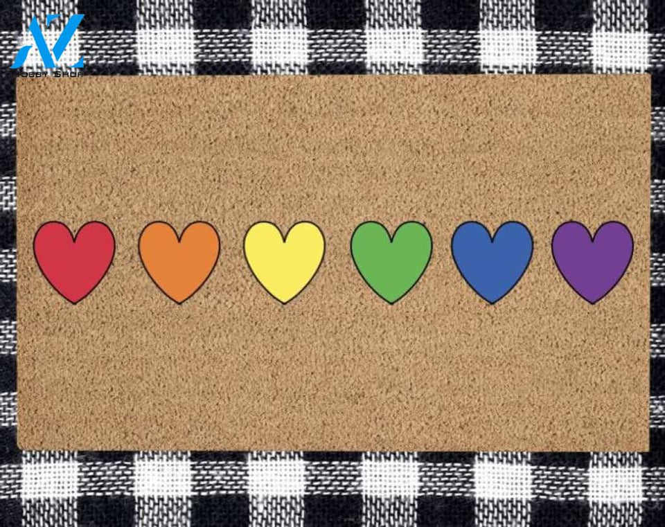 Rainbow hearts doormat. Pride doormat/ love is love doormat/ lgtbq doormat/ pride month/ rainbows/ housewarming gift/ wedding gift / custom