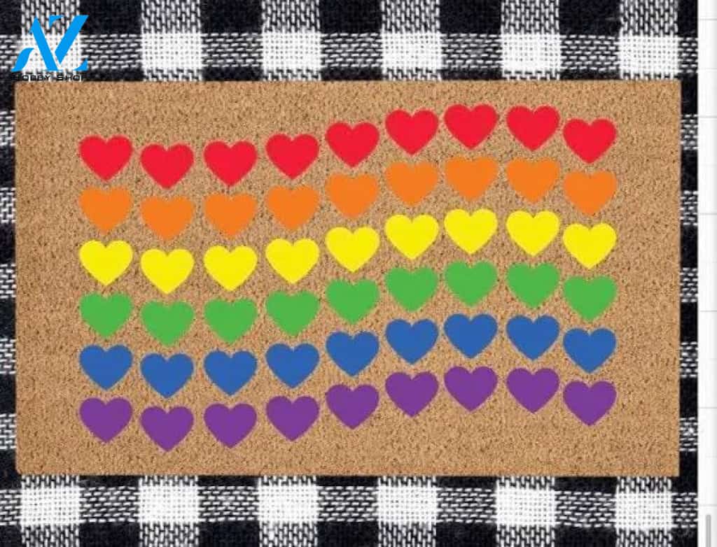 Rainbow hearts doormat. Pride month doormat/ love is love doormat/ housewarming gift/ wedding gift/ personalized doormat