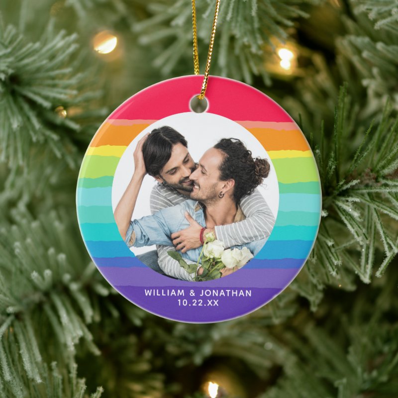 Rainbow Gay Couple Photo Ceramic Ornament