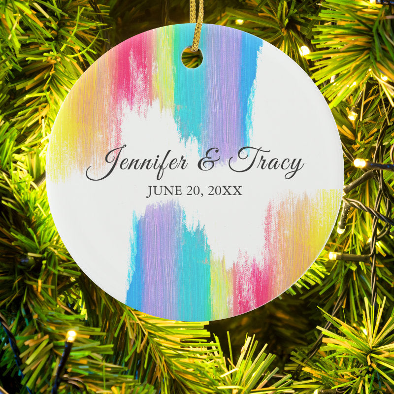 Rainbow Watercolor Elegant Couple Wedding Keepsake Ceramic Ornament