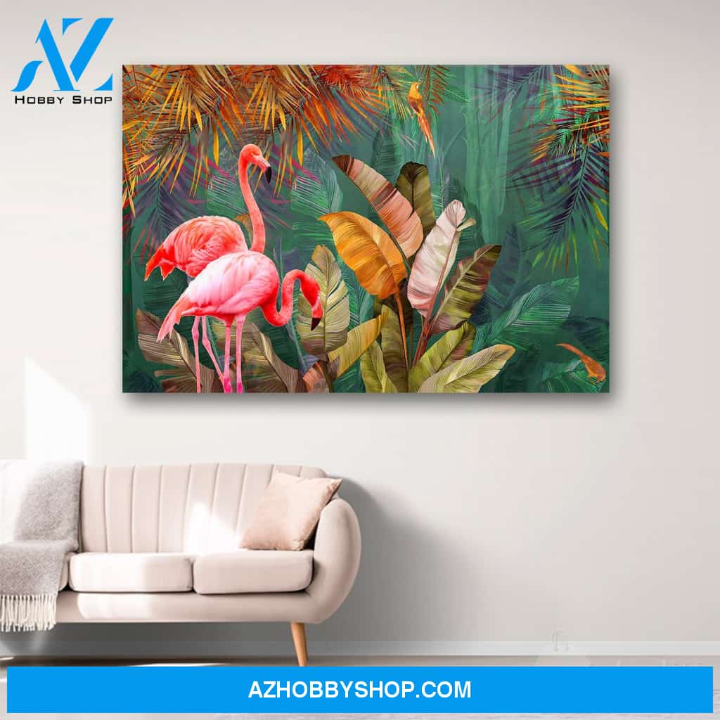 Rainforest Flamingos Tropical Leaves Palms Canvas Print Wall Art - Matte Canvas