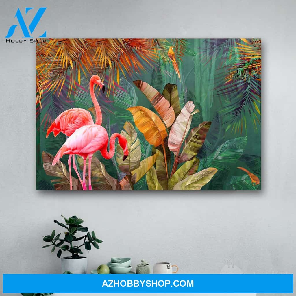 Rainforest Flamingos Tropical Leaves Palms Canvas Print Wall Art - Matte Canvas