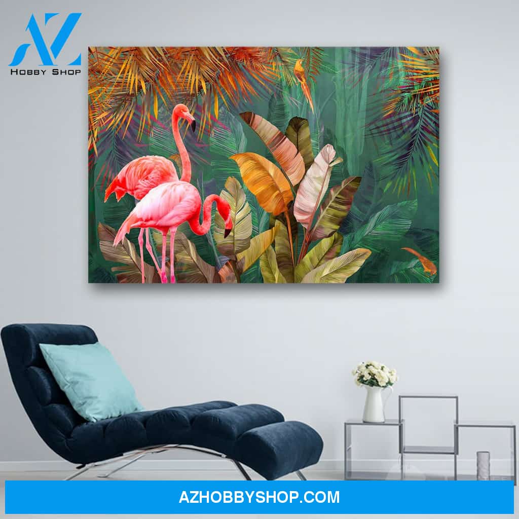 Rainforest Flamingos Tropical Leaves Palms Canvas Print Wall Art - Matte Canvas