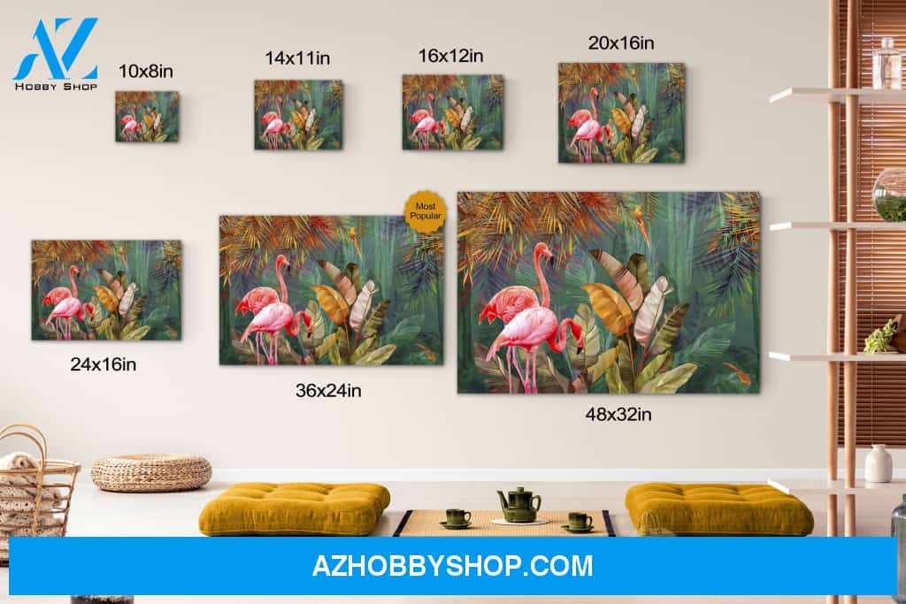 Rainforest Flamingos Tropical Leaves Palms Canvas Print Wall Art - Matte Canvas