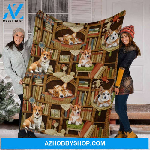 Reading Blanket, Corgi And BookStore Fleece Blanket