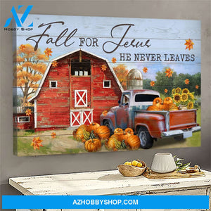 Red barn and pumpkins - Fall for Jesus, he never leaves Jesus Landscape Canvas Prints, Wall Art