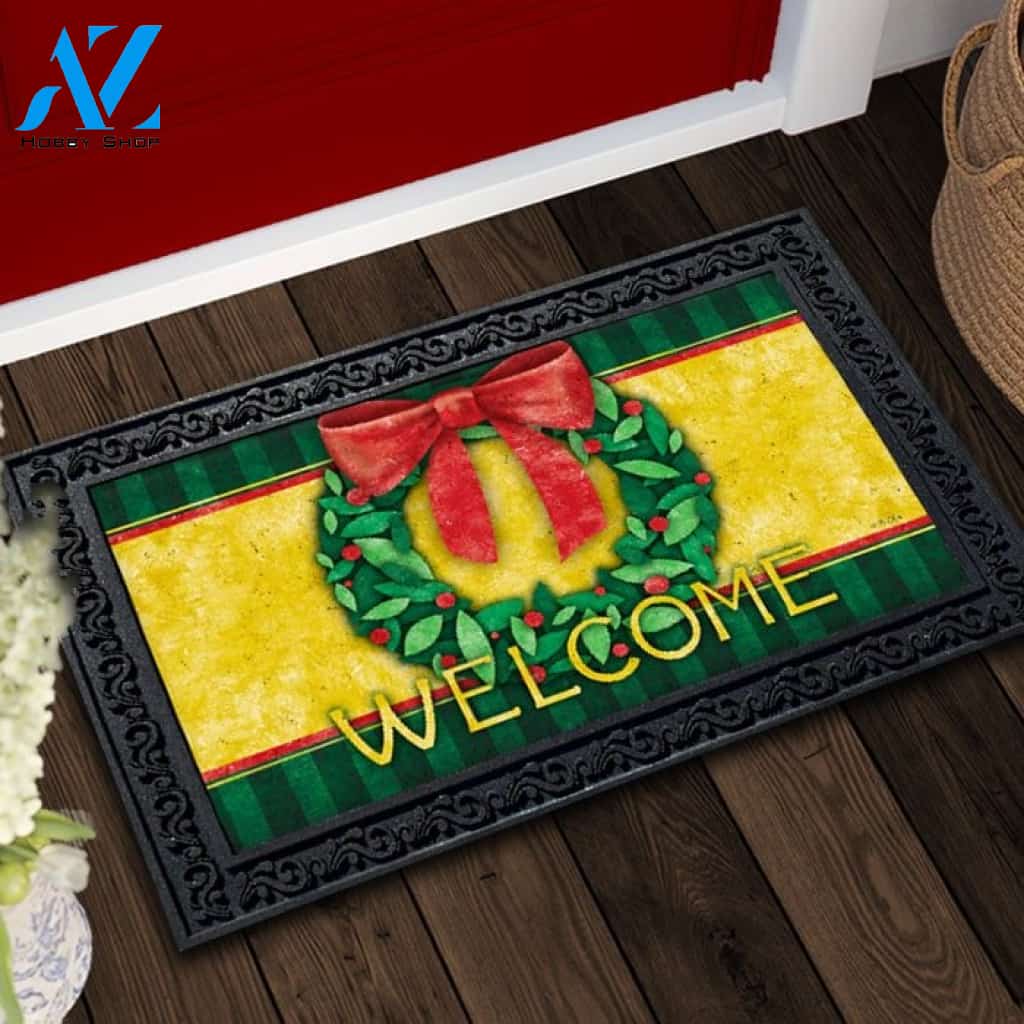 Red Bow Christmas Wreath Doormat - 18" x 30"