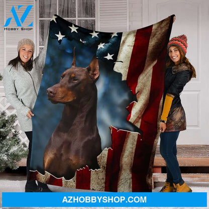 Red Doberman Premium Blanket In The Flag Fleece Blanket