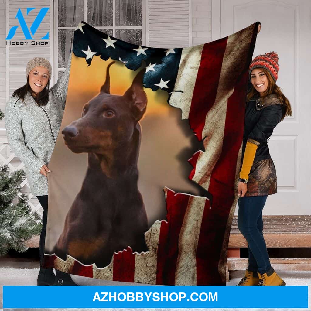 Red Doberman Premium Blanket In The Flag Fleece Blanket
