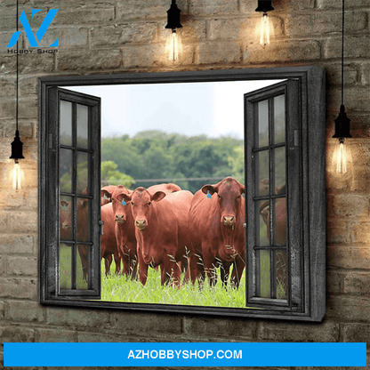 Red Angus Cow Outside The Window Premium Canvas Wall Art, Wall Decor Visual Art