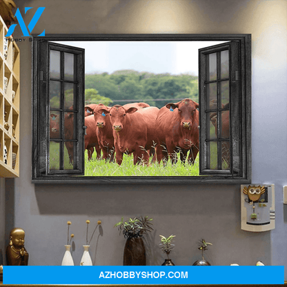 Red Angus Cow Outside The Window Premium Canvas Wall Art, Wall Decor Visual Art