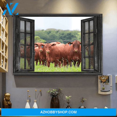 Red Angus Cow Outside The Window Premium Canvas Wall Art, Wall Decor Visual Art