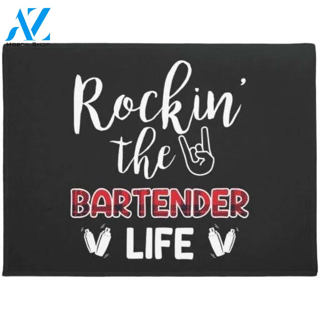 Red Plaid Rockin The Bartender Life Indoor and Outdoor Doormat Warm House Gift Welcome Mat Gift for Friend Family