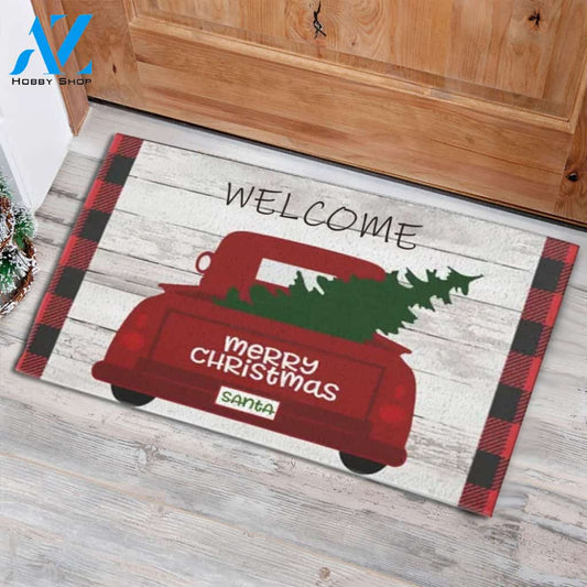 Red Vintage Truck With Christmas Tree Doormat Floor Mat Decoration Floor Carpets Home Decor Funny Doormat Gift Idea