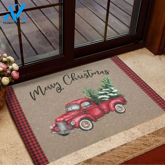 Red Vintage Truck With Christmas Tree Housewarming Home Decor Funny Doormat Gift Idea For Christmas Day, Friend