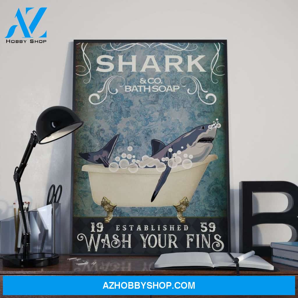 Redesigned Shark &Co Bath Soap Wash Your Fins, Shark Bathtub Poster, Shark Vertical Poster, Animal Bathroom Canvas And Poster, Wall Decor Visual Art