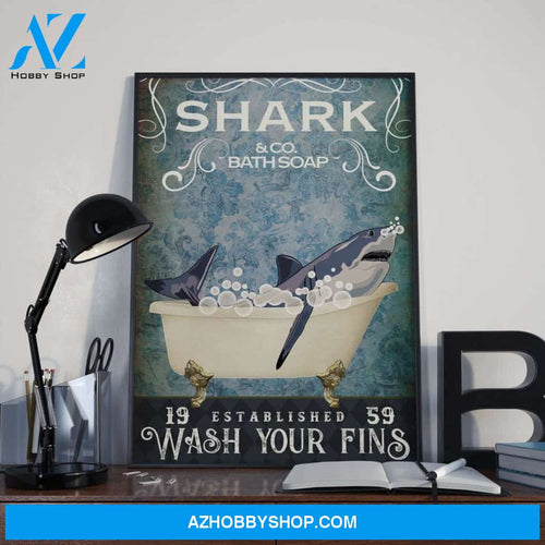 Redesigned Shark &Co Bath Soap Wash Your Fins, Shark Bathtub Poster, Shark Vertical Poster, Animal Bathroom Canvas And Poster, Wall Decor Visual Art