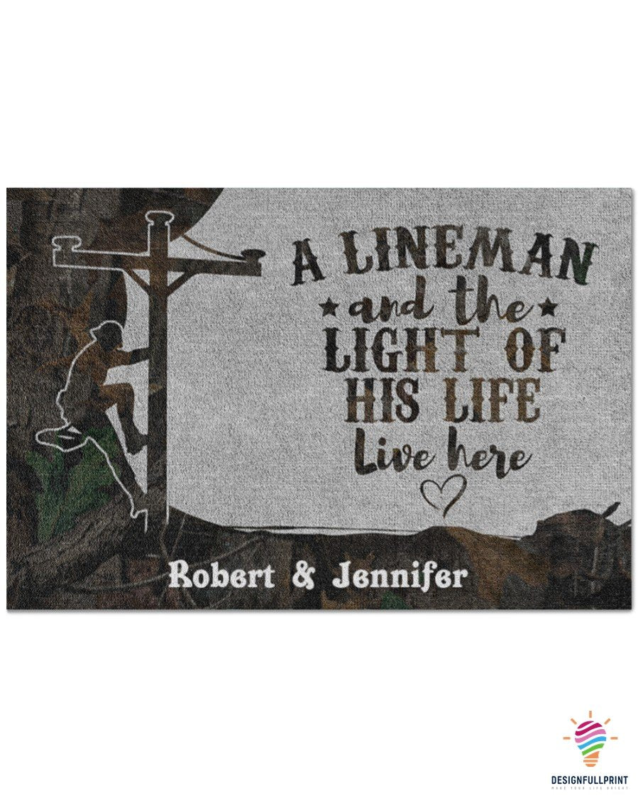 An Linemen and The Light Of His Life Live Here Personalized Non-Slip Rubber Backing Doormat HG