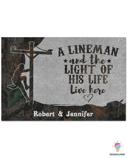An Linemen and The Light Of His Life Live Here Personalized Non-Slip Rubber Backing Doormat HG