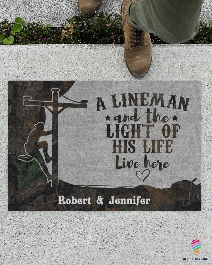 An Linemen and The Light Of His Life Live Here Personalized Non-Slip Rubber Backing Doormat HG